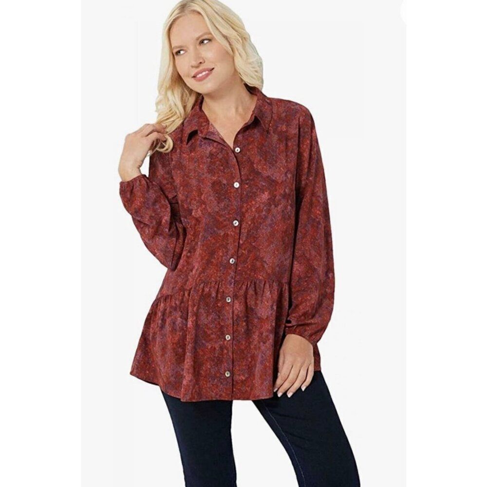 Logo Lori Women Goldstein Stretch Woven Button Front Tunic Blouse Size M <3